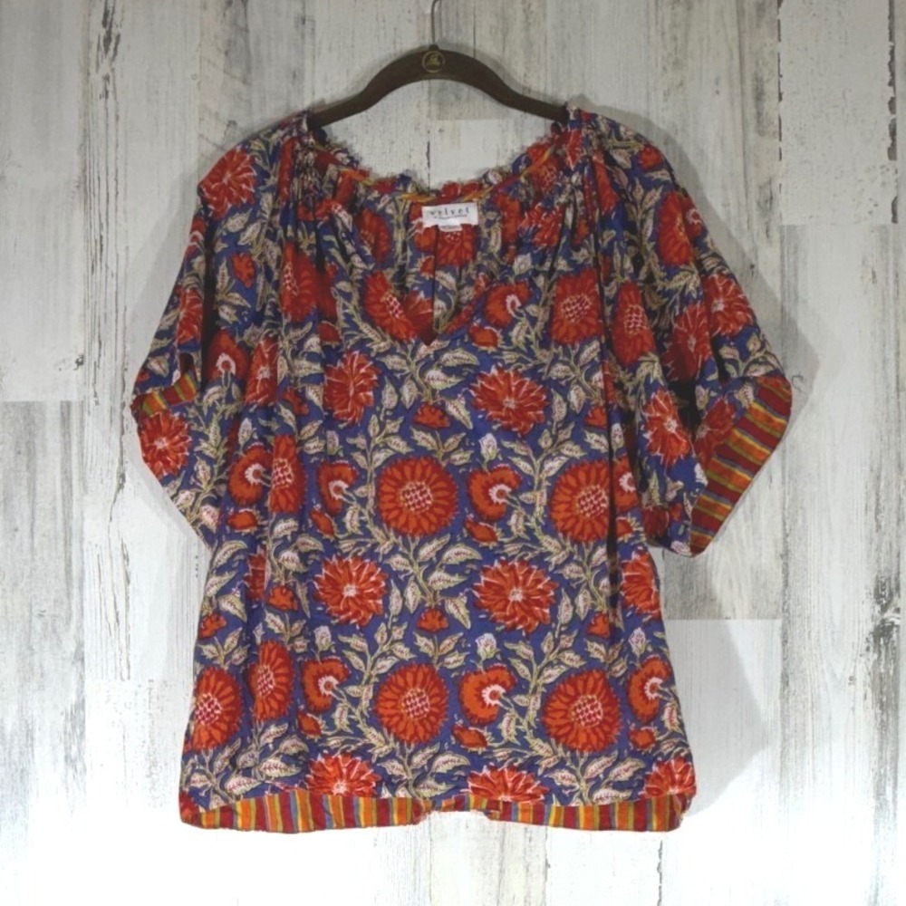 Velvet by Graham & Spencer Top XL Blue Orange Floral Cotton Boho Coastal Light